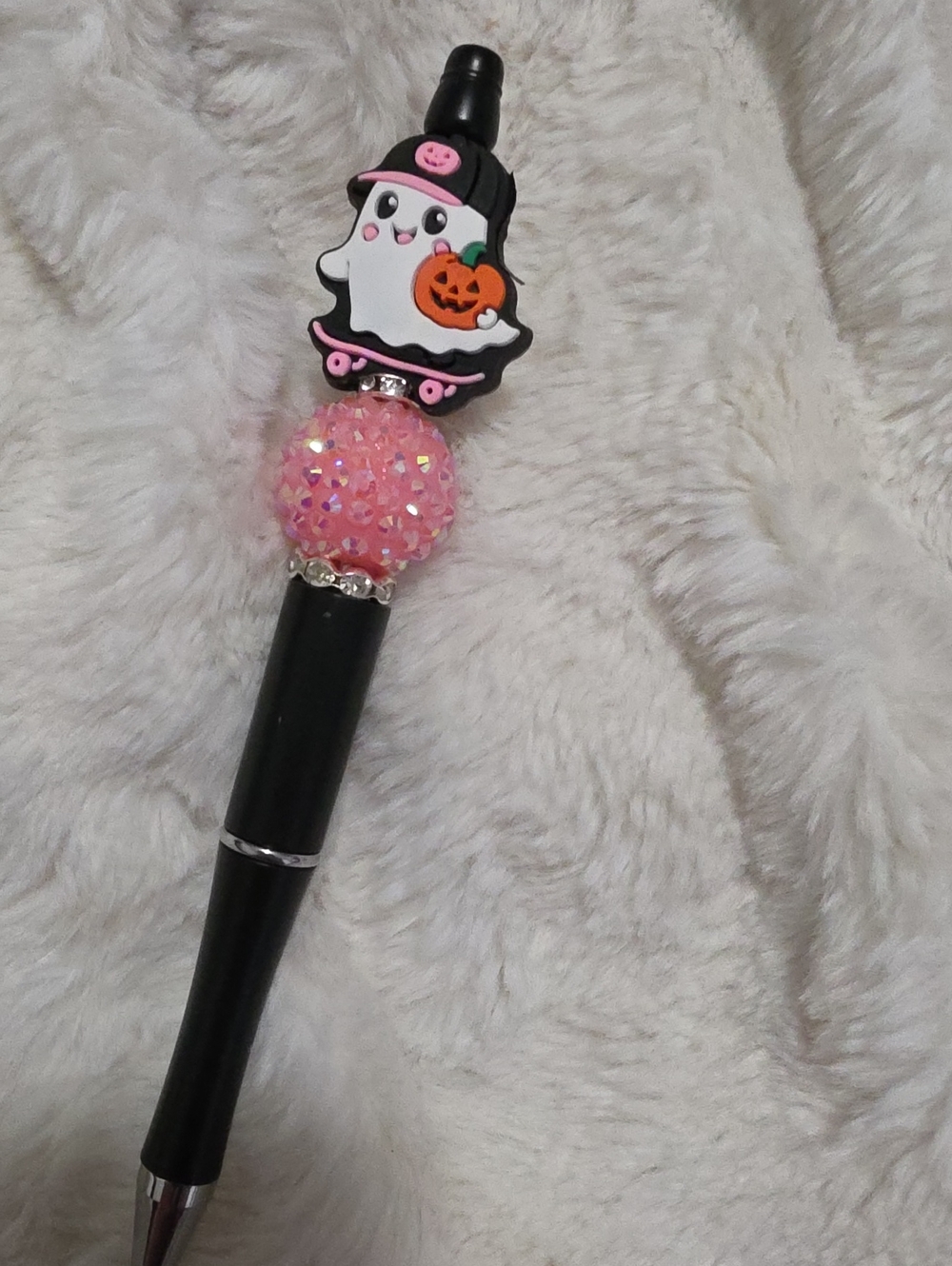 Halloween Ghost Skateboarder  Pen with Pink Glitter Bead